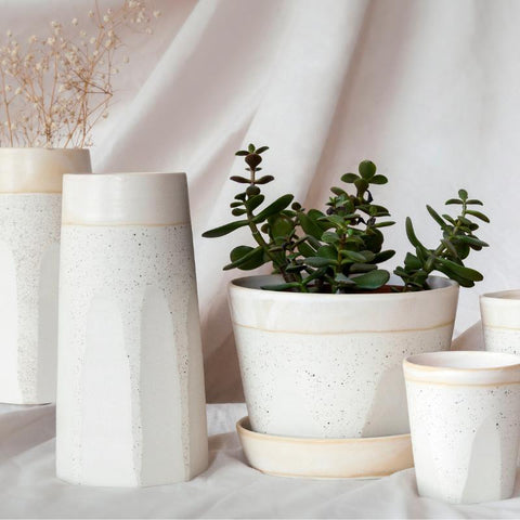 Ceramic vases and planters, white with black speckles. Ceramic pottery handmade in Canada.