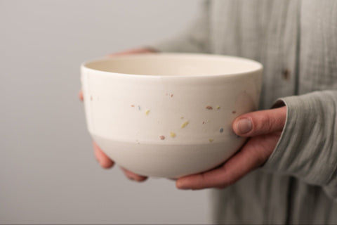Handmade ceramic bowls, grey stoneware and colored patterns. Made in Canada.