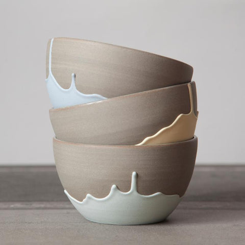 Handmade ceramic bowls, grey stoneware and colored patterns. Made in Canada.