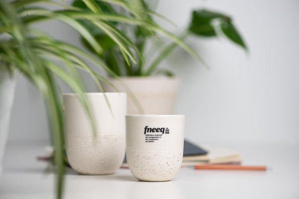 Corporate ceramic mugs, white with custom logo. Made in Montreal, Canada.