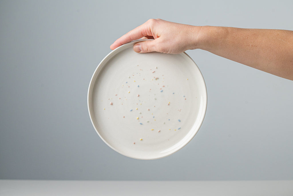 Large ceramic plate, white and colored sparkles. Handmade in Montreal.