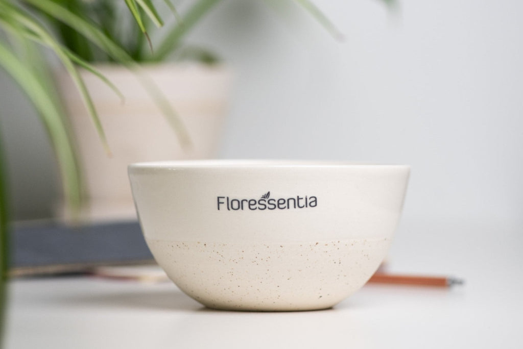 Personalized ceramic bowl, white with colored logo. Handcrafted in Quebec, Canada.